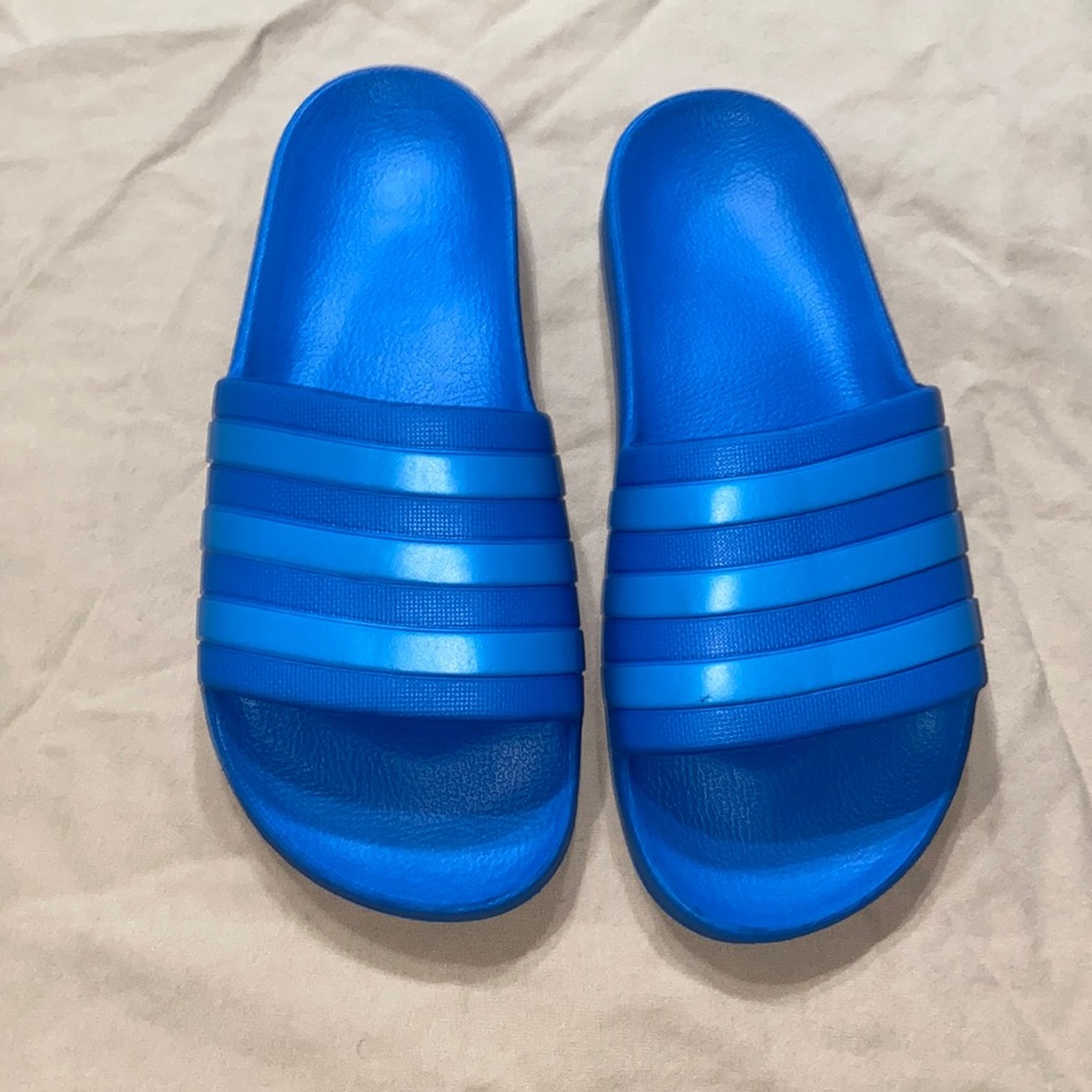 Blue Adidas slides, size: 7